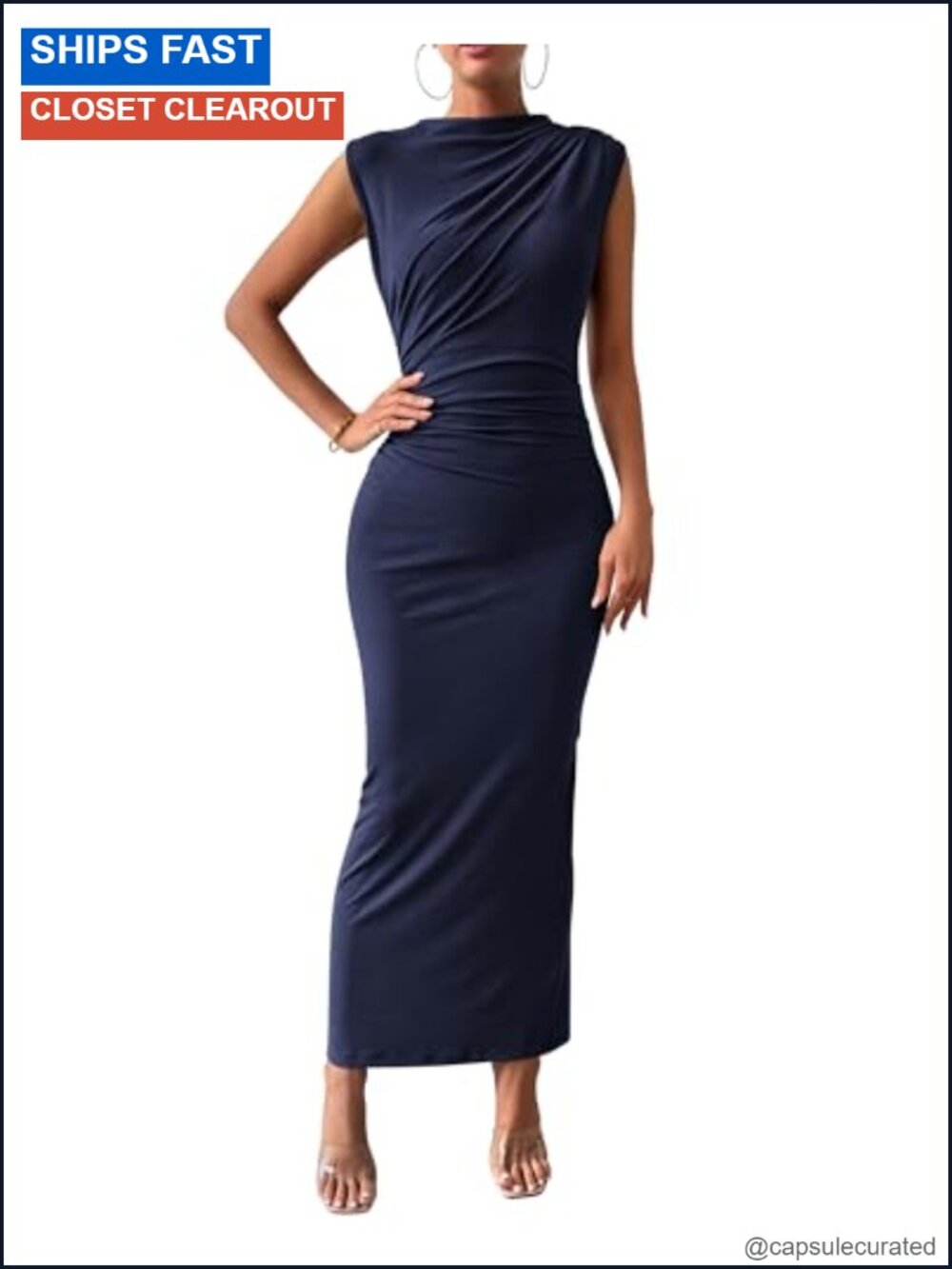 Women Ruched Bodycon Maxi Dress High Neck Sleeveless Back Slit Party